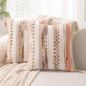 Boho Throw‎ Pillow Covers 18x18 Set of 2 Woven Tufted Farmhouse Pillows Cover